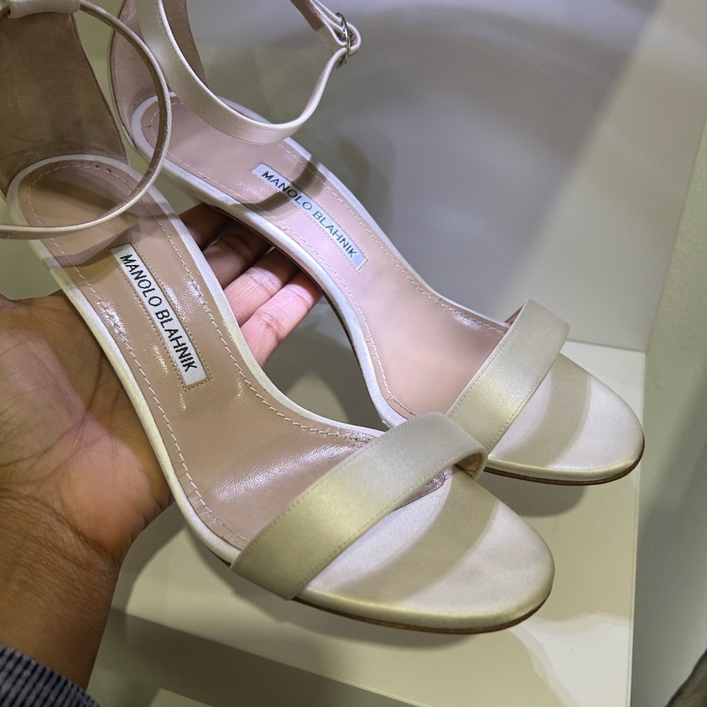 Manolo Blanik Chaos Satin Sandal in Ivory